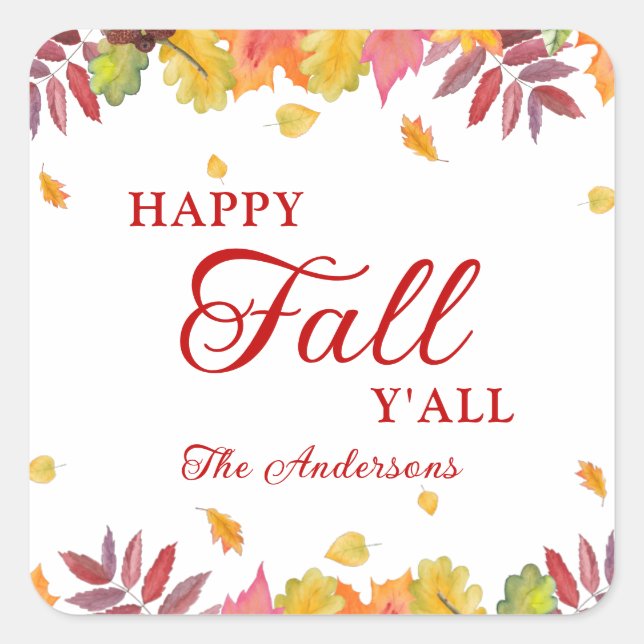 Happy Fall Y'all Modern Autumn Leaves Square Sticker (Front)