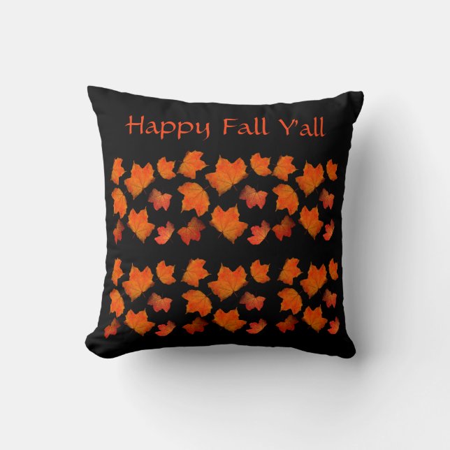 Happy Fall Y'all Orange Black Autumn Leaves Cozy Cushion (Front)