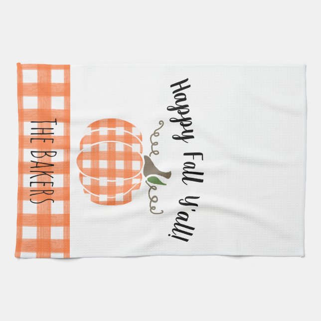 Happy Fall Y'all Orange Plaid  Kitchen Towel (Horizontal)