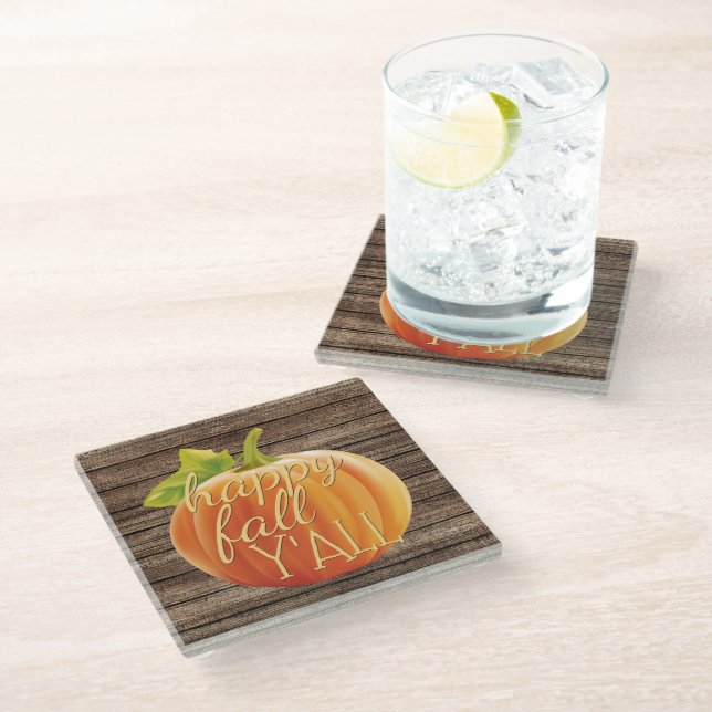 Happy Fall Y'all Orange Pumpkin on Planks Pattern Glass Coaster (Angled)