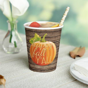 Happy Fall Y'all Orange Pumpkin on Planks Pattern Paper Cups
