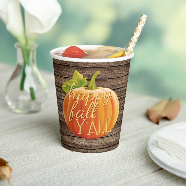 Happy Fall Y'all Orange Pumpkin on Planks Pattern Paper Cups (Insitu)