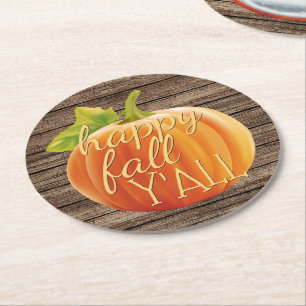 Happy Fall Y'all Orange Pumpkin on Planks Pattern  Round Paper Coaster
