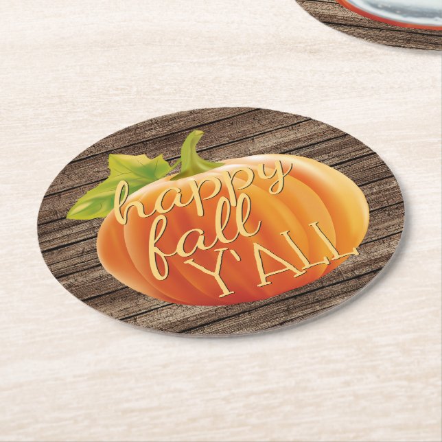 Happy Fall Y'all Orange Pumpkin on Planks Pattern  Round Paper Coaster (Angled)