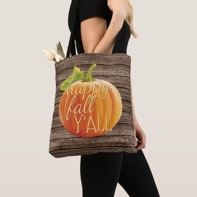 Happy Fall Y'all Orange Pumpkin on Planks Pattern Tote Bag (Close Up)