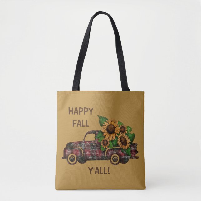 HAPPY FALL Y'ALL! Plaid Sunflowers Truck Tote Bag (Front)