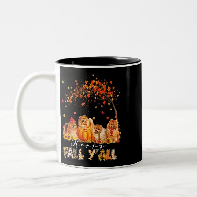 Happy Fall Yall Pomeranian Autumn Lover Pumpkins H Two-Tone Coffee Mug (Left)