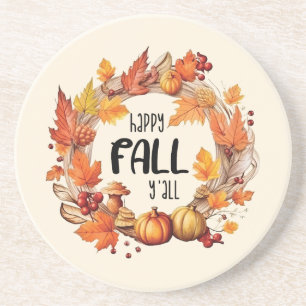 Happy Fall Y'all – Pumpkin & Autumn Leaves Wreath Coaster