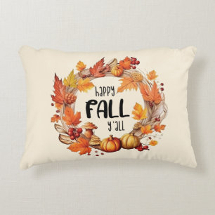 Happy Fall Y'all – Pumpkin & Autumn Leaves Wreath Decorative Cushion