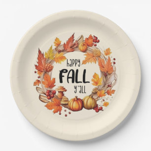 Happy Fall Y'all – Pumpkin & Autumn Leaves Wreath Paper Plate