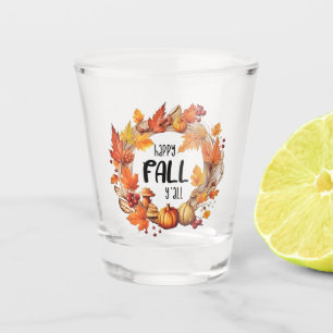 Happy Fall Y'all – Pumpkin & Autumn Leaves Wreath Shot Glass
