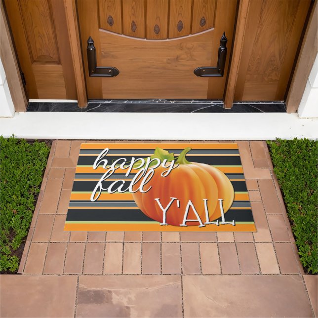 Happy Fall Yall Pumpkin On Vibrant Stripes Pattern Doormat (Outdoor)