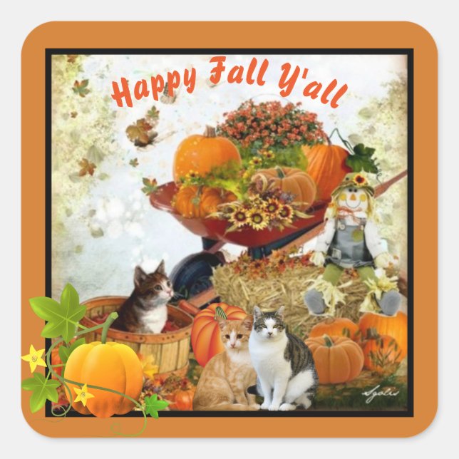 Happy Fall Y'all Pumpkins and Cats Seasonal Square Sticker (Front)