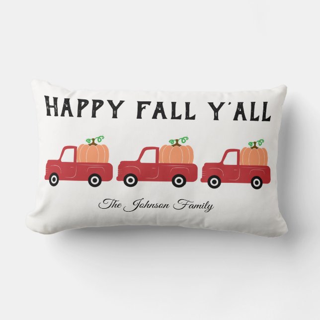 Happy Fall Y'all Red Truck Pumpkin Lumbar Pillow (Front)