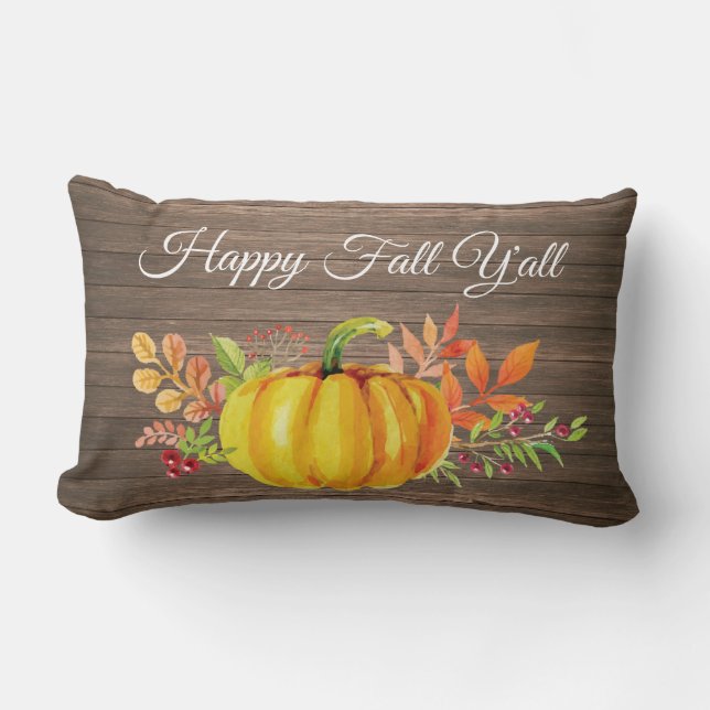 Happy Fall Y'all Rustic Watercolor Pumpkin Lumbar Cushion (Front)