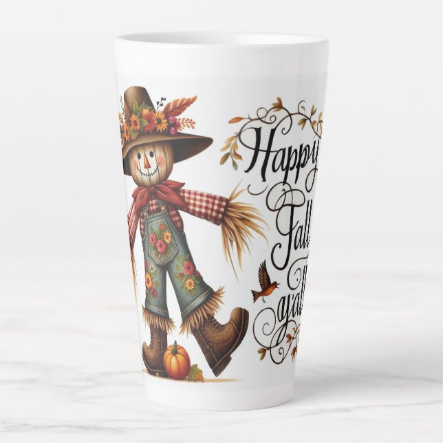 Happy Fall Ya'll Scarecrow and Autumn Foliage Latte Mug (Front)
