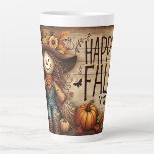 Happy Fall Ya'll Scarecrow and Autumn Foliage Latte Mug