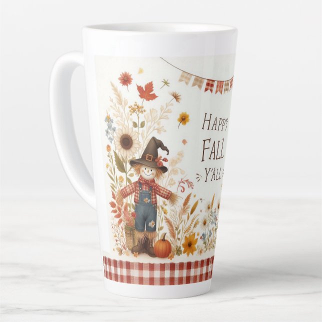 Happy Fall Ya'll Scarecrow and Autumn Foliage Latte Mug (Left Angle)