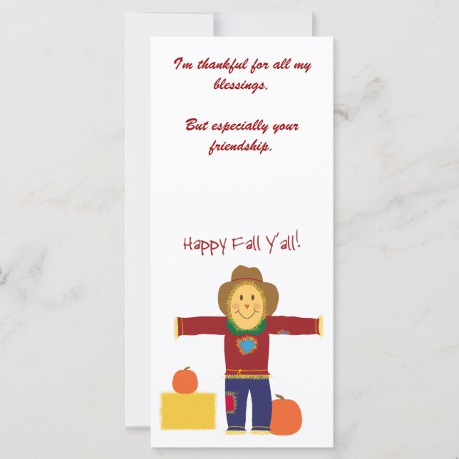 Happy Fall Y'all: Scarecrow Thanksgiving cards. (Front)