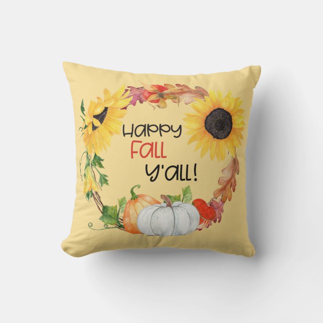 Happy Fall Y'all Sunflower Pumpkin Wreath Cushion (Front)