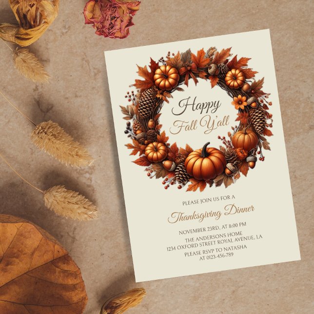 Happy Fall Y'all Thanksgiving Autumn Wreath Invitation (Creator Uploaded)
