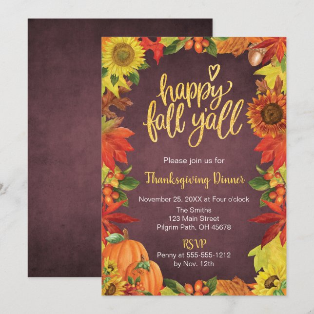 Happy Fall Y'all Thanksgiving Dinner invitation (Front/Back)
