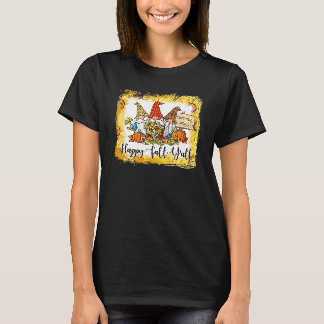 Happy Fall Y'all Three Gnome Leopard Plaid Pumpkin T-Shirt (Front)