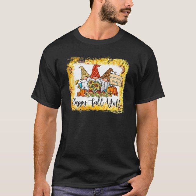 Happy Fall Y'all Three Gnome Leopard Plaid Pumpkin T-Shirt (Front)