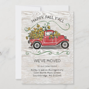 Happy Fall Y'All Vintage Red Truck Floral Moving Announcement