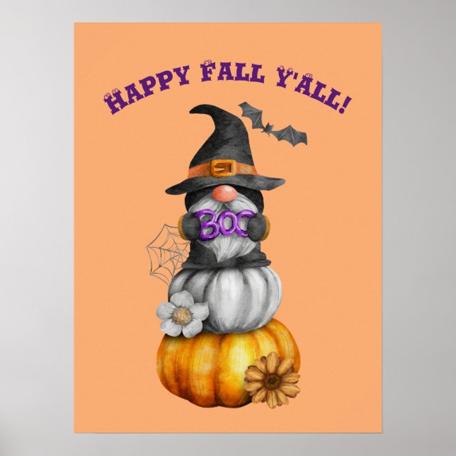 Happy Fall Y'All Watercolor Autumn Gnome Poster (Front)