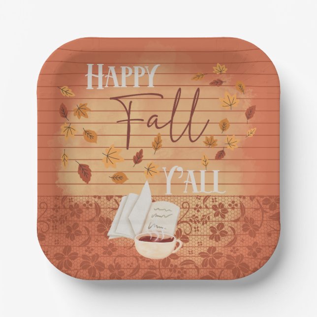 Happy Fall Y'all with Coffee and Autumn Leaves Paper Plate (Front)