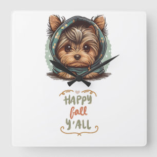 Happy Fall Y'all Yorkshire Terrier Autumn Hoodie  Square Wall Clock