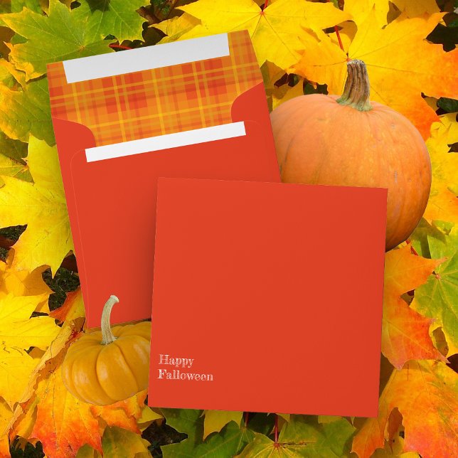 Happy Falloween Orange & Plaid Square Envelope (Fall designed envelope with orange plaid printed inside)
