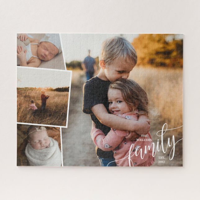 Happy Family Add Name Charming 4 Photo Collage Jigsaw Puzzle (Horizontal)