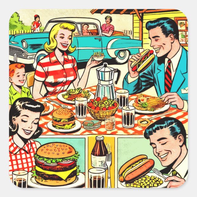 Happy Family Food Comics Square Sticker (Front)