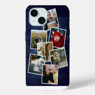 Happy Family Photo Collage Blue Wood iPhone 15 Case