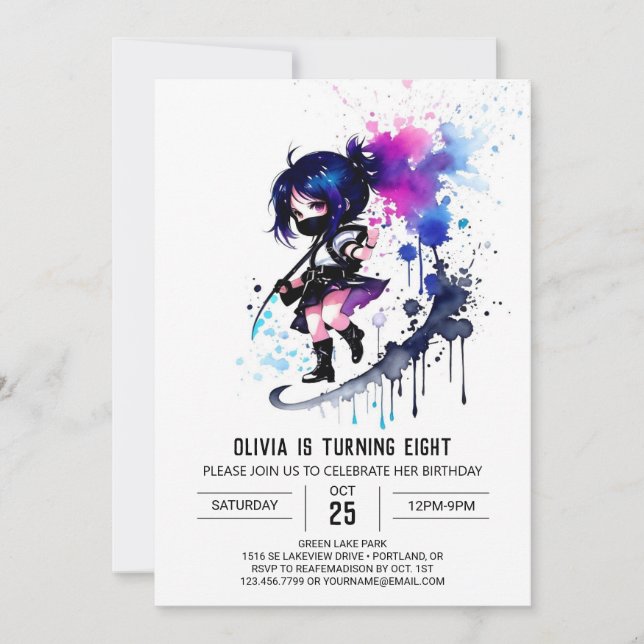 Happy Fantasy Ninja Digital Girl Birthday Invitation (Front)