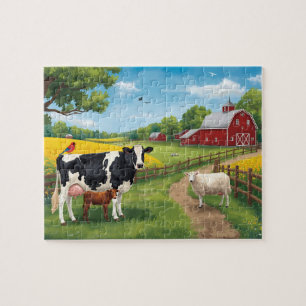 Happy Farm Animals Red Barn Rural Scene Jigsaw Puzzle