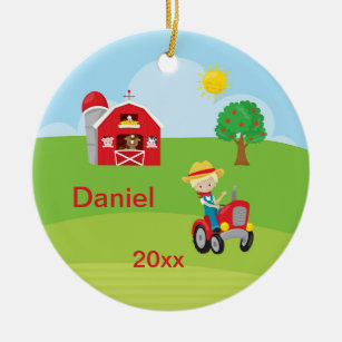 Happy Farm Boy Barn Tractor Animals Blonde Christmas Ornament