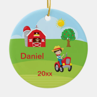 Happy Farm Boy Barn Tractor Animals Brown Ceramic Tree Decoration