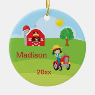 Happy Farm Girl Barn Tractor Animals Brown Ceramic Tree Decoration