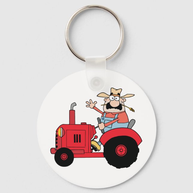 Happy Farmer In Red Tractor  Waving A Greeting Key Ring (Front)