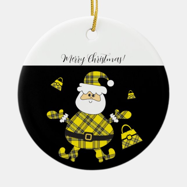 Happy Fashion Yellow Tartan Santa Ceramic Tree Decoration (Front)