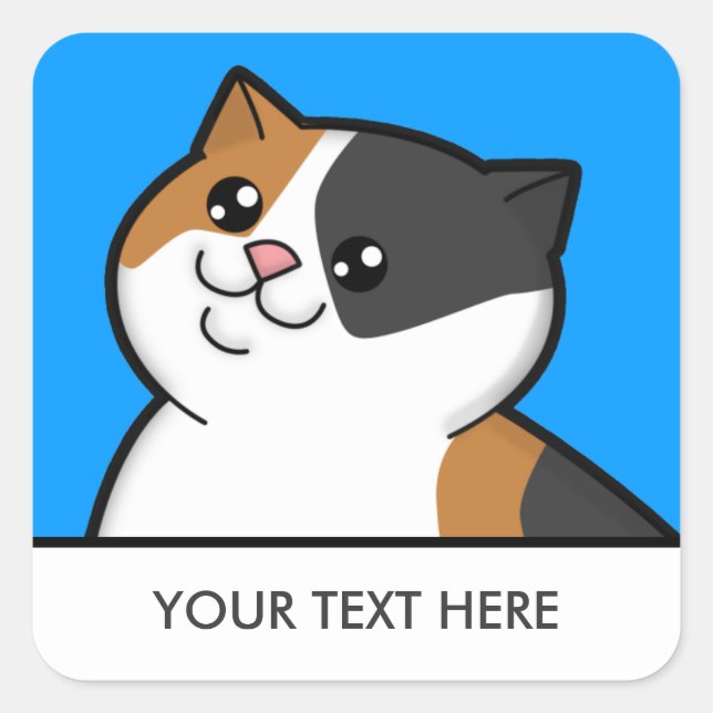 Happy Fat Calico Cat Square Stickers (Front)