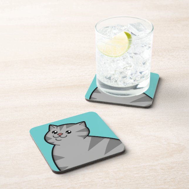 Happy Fat Silver Tabby Cat Coasters (set of 6) (Right Side)