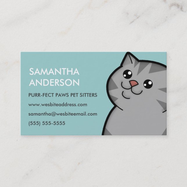 Happy Fat Silver Tabby Personalised Business Cards (Front)