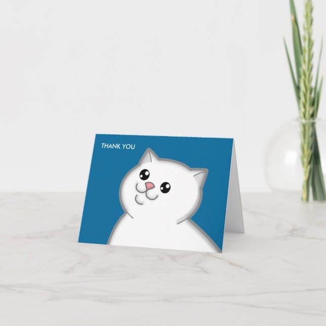 Happy Fat White Cat Thank You Note Cards (Front)