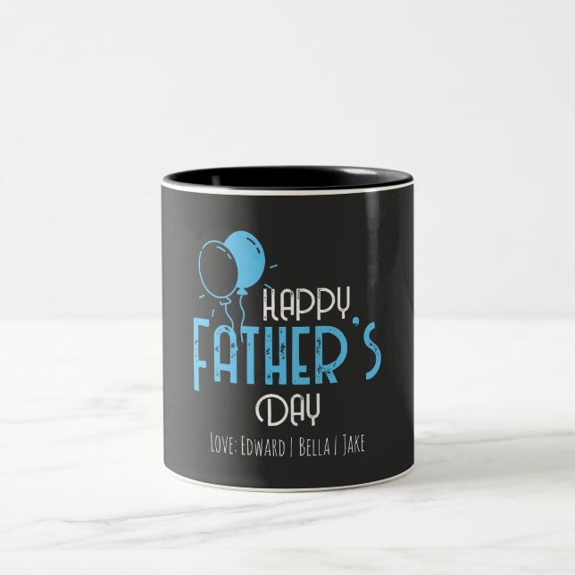 Happy Father’s Day with Blue Balloons & Names Two-Tone Coffee Mug (Center)