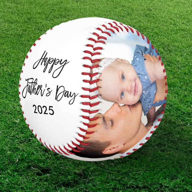 Happy Father's Day 2 Photo Brush Script Baseball (Customize to change year or add more text.)