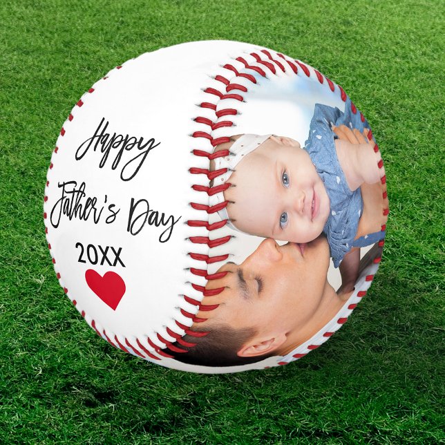Happy Father's Day 2 Photo Brush Script Heart Baseball (Customize to change year or add more text.)